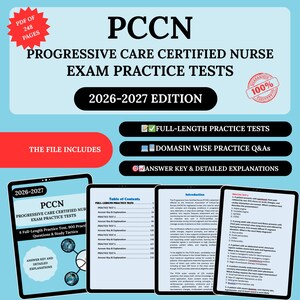 Può includere: Una guida allo studio digitale per l'esame PCCN, intitolata "Progressive Care Certified Nurse Exam Practice Tests" e l'edizione "2026-2027". Include test pratici completi, domande e risposte e spiegazioni dettagliate.