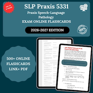 Może przedstawiać: Cyfrowy przewodnik do egzaminu SLP Praxis 5331, zawierający fiszki online i plik PDF. Turkusowe tło podkreśla tekst "SLP Praxis 5331" i "Edycja 2026-2027". Dwa tablety wyświetlają fiszki.