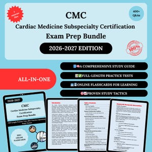 May include: A digital exam prep bundle for Cardiac Medicine Subspecialty Certification, featuring the text "CMC Cardiac Medicine Subspecialty Certification Exam Prep Bundle 2026-2027 EDITION". Includes study guide, practice tests, flashcards, and proven study tactics.