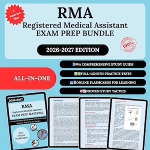 May include: An exam prep bundle for Registered Medical Assistants. The image shows a comprehensive study guide, practice tests, online flashcards, and proven study tactics. The bundle is for the 2026-2027 edition and includes 3 separate files.