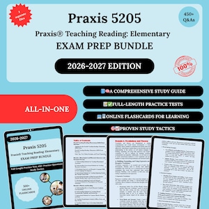 Könnte beinhalten: Ein Examensvorbereitungspaket für die Praxis 5205, einschließlich eines Studienführers, Übungstests, Karteikarten und Lernstrategien. Der Titel lautet "Praxis Teaching Reading: Elementary Exam Prep Bundle 2026-2027 Edition". Das Bild zeigt Tablets mit den Prüfungsvorbereitungsmaterialien.