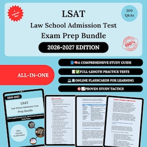 Könnte beinhalten: Ein digitales LSAT Law School Admission Test Prüfungsvorbereitungs-Paket 2026-2027 mit 300 Fragen und Antworten, einem umfassenden Studienführer, vollständigen Übungstests, Online-Lernkarten und bewährten Lerntaktiken auf Tablets.