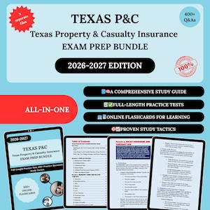 May include: A digital exam prep bundle for Texas Property & Casualty Insurance, with the text "TEXAS P&C" and "EXAM PREP BUNDLE". It includes a comprehensive study guide, practice tests, online flashcards, and proven study tactics. The edition is for 2026-2027.