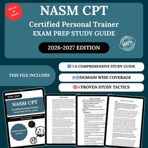 May include: A teal graphic promoting a NASM CPT Exam Prep Study Guide for 2026-2027. The guide includes a comprehensive study guide, domain-wise coverage, and proven study tactics. The image shows the guide on tablets.