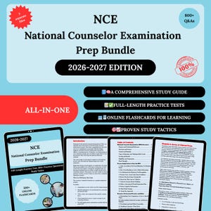 以下が含まれることがあります： 2026-2027年版National Counselor Examination対策用のライトブルーのデジタル学習ガイド。800以上のQ&A、模擬試験、オンラインフラッシュカード、学習戦術が含まれており、タブレット端末に表紙と内部ページが表示されています。