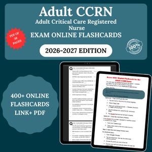 Puede incluir: Tarjetas didácticas digitales para el examen CCRN para adultos. El fondo verde azulado presenta el texto "Adult CCRN" y "Exam Online Flashcards". La imagen incluye dos tabletas que muestran el contenido de las tarjetas y las instrucciones.