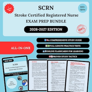 May include: An exam prep bundle for the SCRN (Stroke Certified Registered Nurse) exam. The bundle includes a comprehensive study guide, full-length practice tests, online flashcards, and proven study tactics. The bundle is the 2026-2027 edition.