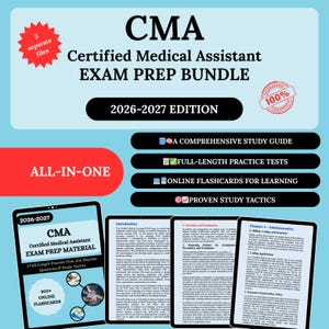 Può includere: Grafica azzurra che promuove un pacchetto di preparazione all'esame per assistente medico certificato (CMA). Il testo include "CMA Certified Medical Assistant Exam Prep Bundle 2026-2027 Edition". Include una guida allo studio, test pratici, flashcard online e tattiche di studio.