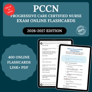 Può includere: Grafica verde acqua con il testo "PCCN PROGRESSIVE CARE CERTIFIED NURSE EXAM ONLINE FLASHCARDS 2026-2027 EDITION". Due tablet mostrano flashcard. La grafica dice anche "400 ONLINE FLASHCARDS LINK+ PDF".