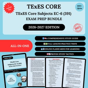 Op de afbeelding: Een digitale examenvoorbereidingsbundel voor TEXES Core Subjects EC-6 (391), editie 2026-2027. De afbeelding toont een tablet met de tekst "TEXES Core Subjects EC-6 (391) EXAM PREP BUNDLE" en andere tablets met studieboeken en flashcards.