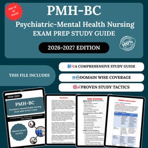 May include: A teal-colored exam prep study guide for Psychiatric-Mental Health Nursing, titled "PMH-BC". The guide includes a comprehensive study guide, domain-wise coverage, and proven study tactics. The 2026-2027 edition is displayed with a "PDF of 60 pages" label.