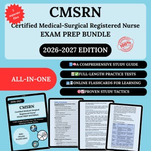 May include: A light blue exam prep bundle for the Certified Medical-Surgical Registered Nurse (CMSRN) exam. The bundle includes a study guide, practice tests, online flashcards, and proven study tactics. The 2026-2027 edition is all-in-one.