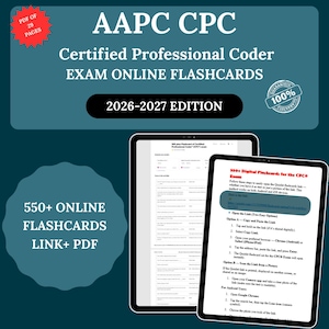 May include: Digital flashcards for the CPC exam, featuring 550+ online flashcards in PDF format. The image shows two tablets displaying the flashcards, with the text "2026-2027 Edition" and a guarantee seal. The flashcards are designed for exam preparation.