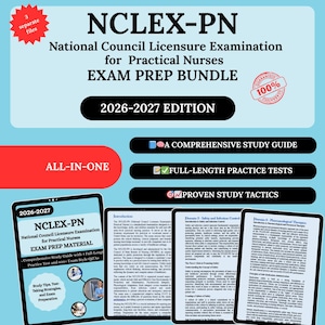 May include: An exam prep bundle for the NCLEX-PN, featuring a comprehensive study guide, full-length practice tests, and proven study tactics. The bundle includes a 2026-2027 edition and is all-in-one. The image shows three separate files.