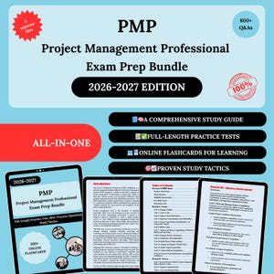 May include: A digital exam prep bundle for the Project Management Professional (PMP) certification. The image shows a tablet with the title "PMP Project Management Professional Exam Prep Bundle 2026-2027 Edition". Includes study guides, practice tests, and flashcards.