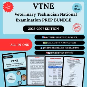 May include: A digital study bundle for the Veterinary Technician National Examination (VTNE). The blue and white graphic includes the text "VTNE Veterinary Technician National Examination PREP BUNDLE 2026-2027 EDITION" and lists study resources such as practice tests and flashcards.
