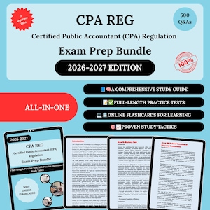 Könnte beinhalten: Ein CPA REG Certified Public Accountant Regulation Prüfungsvorbereitungs-Paket Ausgabe 2026-2027 mit 500 Fragen und Antworten in 3 Dateien. Enthält einen umfassenden Studienleitfaden, vollständige Übungstests, Online-Lernkarten und Lerntaktiken.