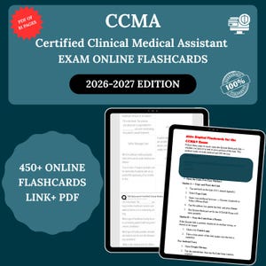 May include: Digital flashcards for the CCMA exam, featuring the text "CCMA Certified Clinical Medical Assistant Exam Online Flashcards 2026-2027 Edition." The image includes a PDF of 81 pages and instructions for accessing the flashcards.