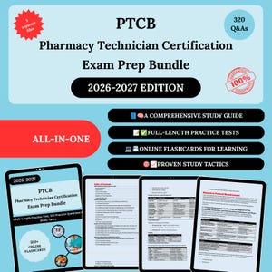 May include: A digital Pharmacy Technician Certification Exam Prep Bundle for 2026-2027 featuring 320 Q&As, a comprehensive study guide, full-length practice tests, online flashcards, and proven study tactics, displayed on four tablet screens.