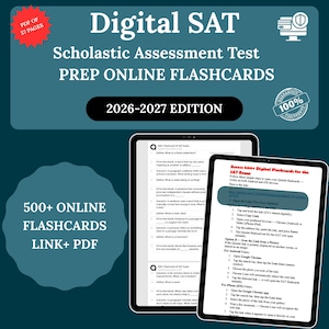 May include: Digital SAT prep online flashcards for the 2026-2027 edition. The image shows two tablets displaying flashcards and instructions. The image includes the text "500+ ONLINE FLASHCARDS LINK+ PDF" and "PDF OF 37 PAGES".