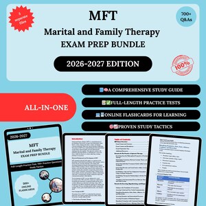 Puede incluir: Un paquete de preparación para el examen MFT (Terapia Matrimonial y Familiar) para la edición 2026-2027. El paquete incluye una guía de estudio completa, pruebas de práctica completas, tarjetas didácticas en línea y tácticas de estudio probadas. La imagen muestra tres archivos separados.