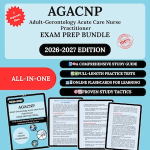 Op de afbeelding: Een lichtblauwe examenvoorbundel voor verpleegkundig specialisten in de acute zorg voor volwassenen-gerontologie. De bundel bevat een uitgebreide studiehandleiding, volledige oefentests, online flashcards en bewezen studietactieken. De tekst luidt "2026-2027 Editie".