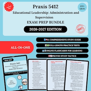 Peut inclure: Un ensemble de préparation aux examens pour Praxis 5412, Leadership éducatif : Administration et Supervision. Il comprend un guide d'étude complet, des tests pratiques, des cartes mémoire en ligne et des tactiques d'étude. L'ensemble est pour l'édition 2026-2027.