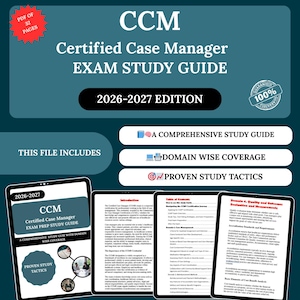 Puede incluir: Una guía de estudio turquesa y blanca para el examen de Certified Case Manager (CCM). La portada dice "CCM Certified Case Manager EXAM STUDY GUIDE 2026-2027 EDITION". Incluye un sello de garantía e iconos para las características del estudio.
