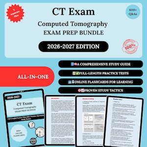 Puede incluir: Un paquete de preparación para el examen de TC con el texto "Computed Tomography EXAM PREP BUNDLE 2026-2027 EDITION". Incluye una guía de estudio completa, pruebas de práctica completas, tarjetas didácticas en línea y tácticas de estudio probadas.