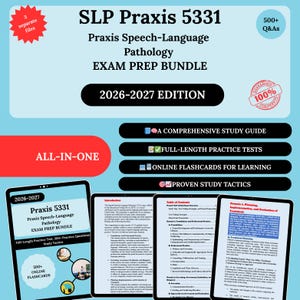 Może przedstawiać: Pakiet przygotowawczy do egzaminu SLP Praxis 5331, Praxis Patologia Mowy i Języka. Pakiet zawiera kompleksowy przewodnik po nauce, pełne testy praktyczne, fiszki online i sprawdzone taktyki uczenia się. Tekst brzmi "Edycja 2026-2027" i "All-in-One".