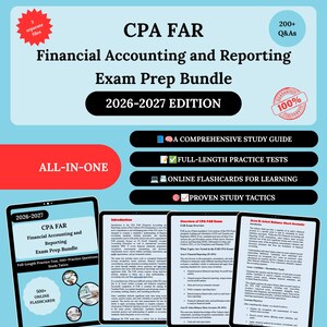 May include: A CPA FAR Financial Accounting and Reporting Exam Prep Bundle for 2026-2027. The digital document includes 200+ Q&As, a study guide, practice tests, online flashcards, and study tactics. It features text on a light blue background.