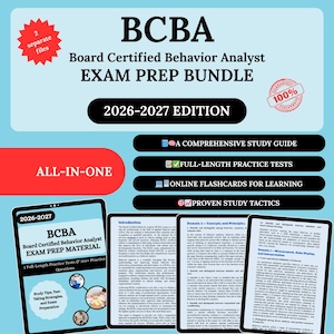 May include: A blue and red graphic promoting a BCBA Exam Prep Bundle. The text includes "Board Certified Behavior Analyst EXAM PREP BUNDLE" and "2026-2027 EDITION". Features include a study guide, practice tests, flashcards, and study tactics.