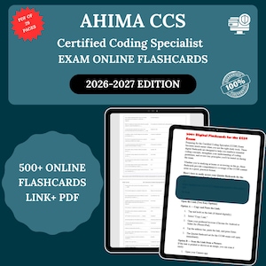 May include: Digital flashcards for the AHIMA CCS exam, featuring the text "Certified Coding Specialist EXAM ONLINE FLASHCARDS 2026-2027 EDITION." The image includes two tablets displaying flashcard content, with a "PDF of 29 pages" badge.