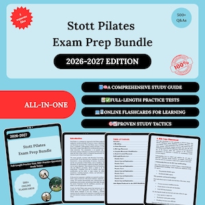 May include: A Stott Pilates Exam Prep Bundle 2026-2027 edition digital study guide featuring 500+ Q&As, full-length practice tests, online flashcards, and study tactics. The display includes three tablet screens showing text content and a table of contents.
