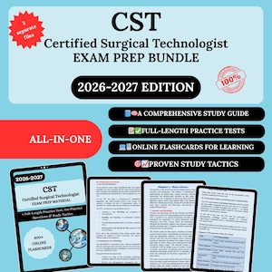 May include: A light blue exam prep bundle for Certified Surgical Technologists. The bundle includes a study guide, practice tests, online flashcards, and study tactics. The bundle is for the 2026-2027 edition.