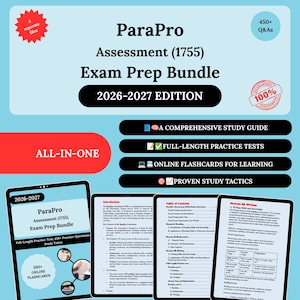 May include: A ParaPro Assessment (1755) Exam Prep Bundle 2026-2027 edition digital study guide. The light blue graphic features text, icons, and four tablet screens displaying the introduction, table of contents, and writing domain content.