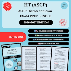 May include: An all-in-one exam prep bundle for ASCP Histotechnician, featuring a comprehensive study guide, full-length practice tests, online flashcards, and proven study tactics. Includes 400+ Q&As and 500+ online flashcards. The 2026-2027 edition is shown.