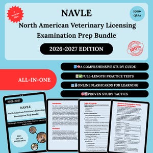 May include: A blue and white graphic promoting the North American Veterinary Licensing Examination Prep Bundle. The text includes "NAVLE," "2026-2027 EDITION," and "ALL-IN-ONE." Features include a study guide, practice tests, flashcards, and study tactics.
