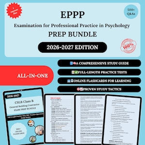 Op de afbeelding: Een EPPP-voorbereidingsbundel voor de editie 2026-2027, met een uitgebreide studiehandleiding, volledige oefentests, online flashcards en bewezen studietactieken. De afbeelding toont ook een CSLB Klasse B examenvoorbereidingsbundel.