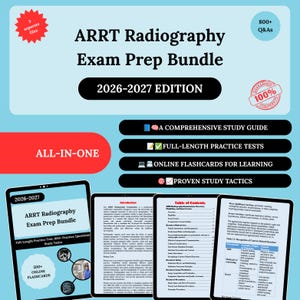 Könnte beinhalten: Das ARRT Radiography Exam Prep Bundle 2026-2027 enthält einen umfassenden Studienleitfaden, vollständige Übungstests, Online-Lernkarten und bewährte Lerntaktiken. Das digitale Display zeigt das Inhaltsverzeichnis und Prüfungsthemen.