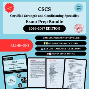 May include: A CSCS Certified Strength and Conditioning Specialist Exam Prep Bundle 2026-2027 edition digital study guide. Includes 600+ Q&As, full-length practice tests, online flashcards, and proven study tactics presented on tablet screens.