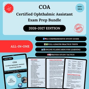 May include: A digital exam prep bundle for Certified Ophthalmic Assistants (COA). The image features the text "COA Certified Ophthalmic Assistant Exam Prep Bundle 2026-2027 Edition" and includes study guides, practice tests, and flashcards.
