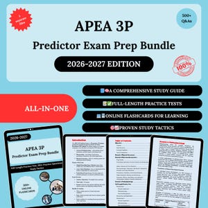 May include: A digital bundle for the APEA 3P Predictor Exam Prep, 2026-2027 Edition. The image shows a tablet with the text "Full-Length Practice Test, 500+ Practice Questions Study Tactics". Includes a comprehensive study guide, practice tests, and online flashcards.