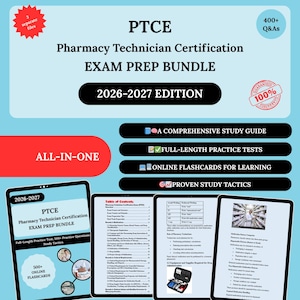 Puede incluir: Imagen digital que promociona el PTCE Pharmacy Technician Certification Exam Prep Bundle, edición 2026-2027. La imagen incluye guías de estudio, pruebas de práctica y tarjetas didácticas en línea. El diseño es en tonos de azul, rojo y blanco.
