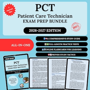May include: A light blue graphic with the text "PCT Patient Care Technician EXAM PREP BUNDLE 2026-2027 EDITION". Includes a study guide, practice tests, flashcards, and study tactics. Also includes three separate files.