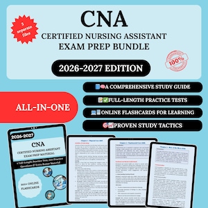 May include: A light blue graphic promoting a CNA exam prep bundle. The text reads "CNA Certified Nursing Assistant Exam Prep Bundle 2026-2027 Edition." Includes study guide, practice tests, flashcards, and study tactics. The image also shows a tablet with study material.