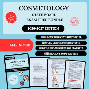 Puede incluir: Gráfico azul claro que promociona un paquete de preparación para el examen de cosmetología. El texto dice "Cosmetology State Board Exam Prep Bundle 2026-2027 Edition". Incluye guía de estudio, pruebas de práctica, tarjetas y tácticas de estudio.