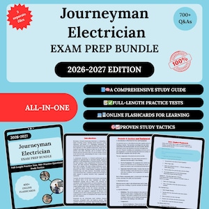 May include: Digital exam preparation bundle for the Journeyman Electrician exam. The image shows a tablet displaying the exam prep bundle, with the text "2026-2027 Edition". Includes a study guide, practice tests, online flashcards, and proven study tactics.