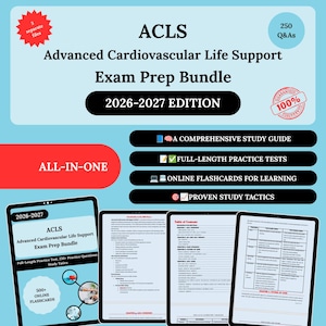 May include: A digital ACLS Advanced Cardiovascular Life Support Exam Prep Bundle for 2026-2027, featuring 250 Q&As, a study guide, practice tests, online flashcards, and study tactics. The light blue graphic includes text, icons, and tablet displays.