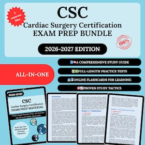 Puede incluir: Gráfico azul claro con el texto "CSC Cardiac Surgery Certification EXAM PREP BUNDLE 2026-2027 EDITION". La imagen incluye una tableta que muestra materiales de estudio y un sello de garantía.